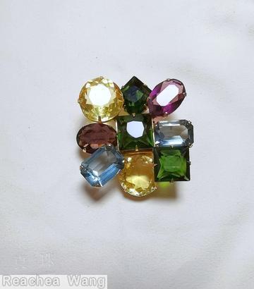 Schreiner 9 varied shape large stone square pin 3 square stone 2 chaton 2 baguette 2 teardrop purple emerald ice blue clear champagne jewelry