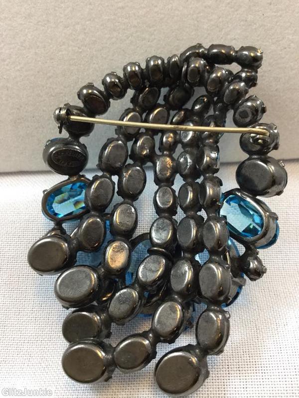 Schreiner asymmetrical 2 level waterfall pin 5 large oval stone 5 branch of small oval stone clear ice blue jewelry