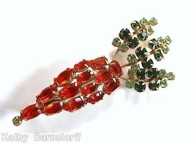 Schreiner carrot pin 3 leaf branch orange green apple green goldtone jewelry