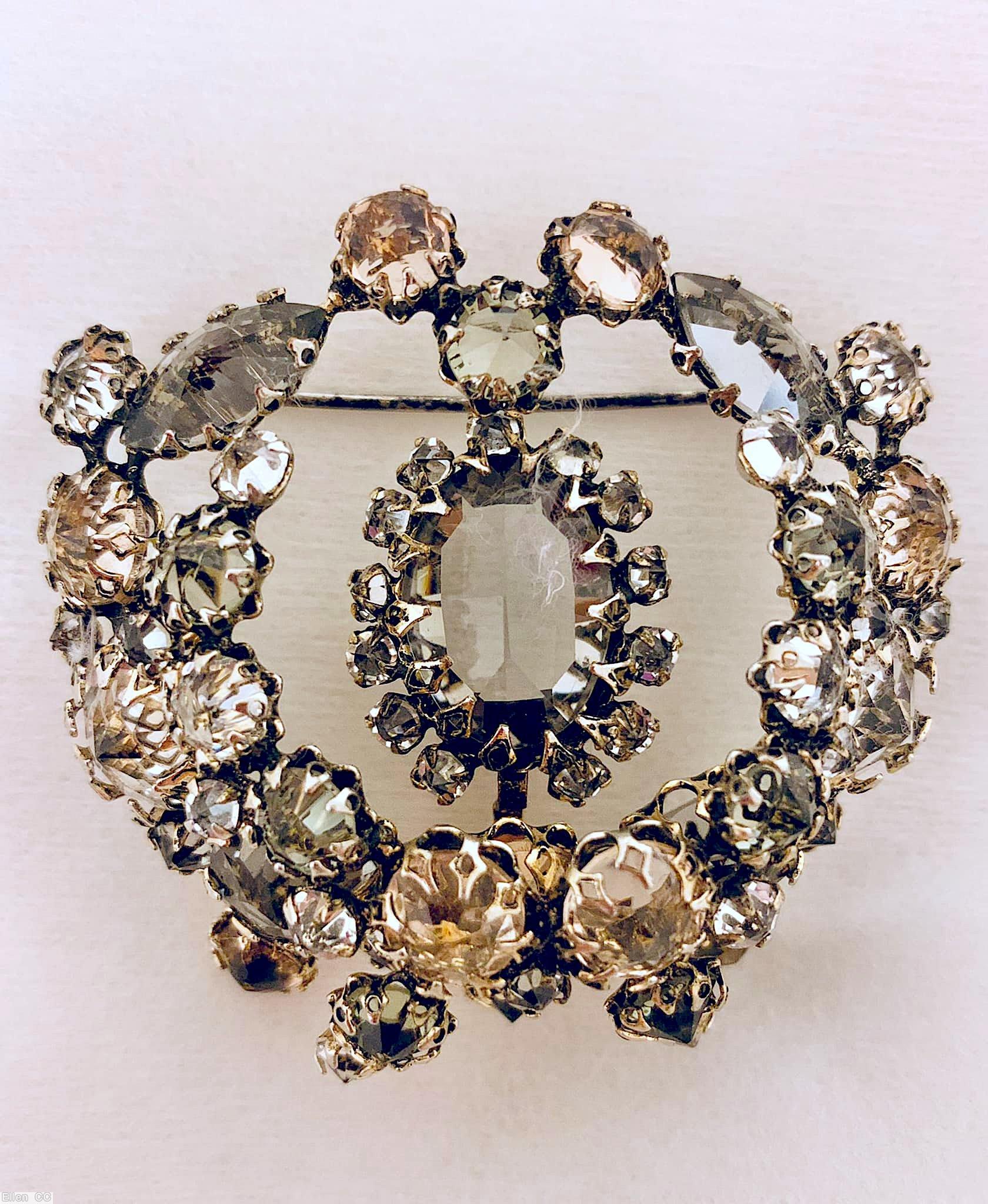 Schreiner closed crescent pin oval center clear shampagne inverted stone smoky crystal inverted stone crystal goldtone jewelry