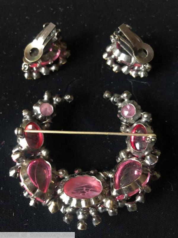 Schreiner crescent pin crystal inverted large oval marbled pink cab silvertone jewelry