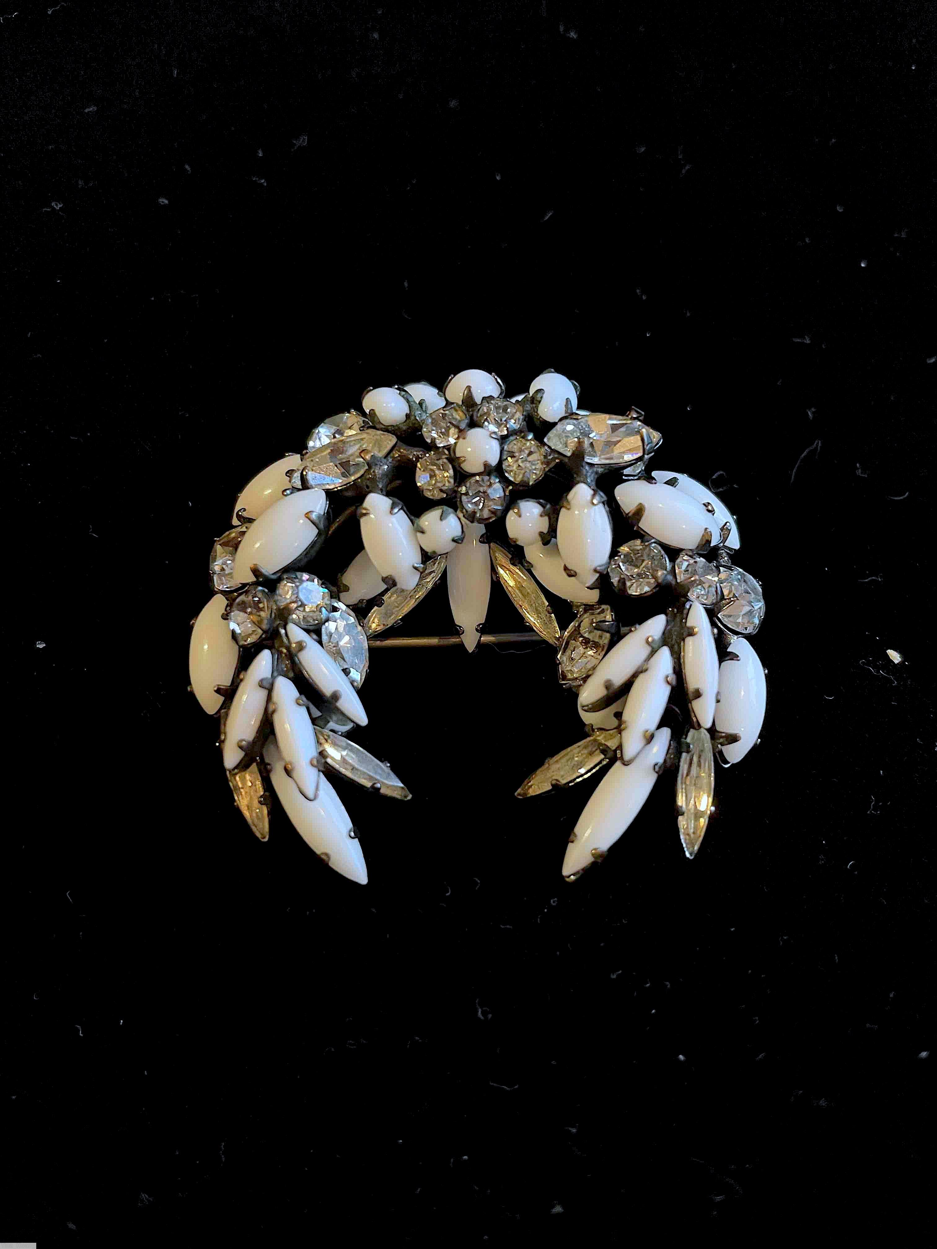 Schreiner crescent pin milk white navette crystal navette crystal flower head silvertone jewelry