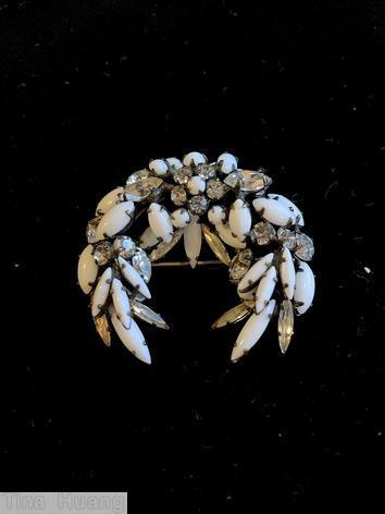 Schreiner crescent pin milk white navette crystal navette crystal flower head silvertone jewelry