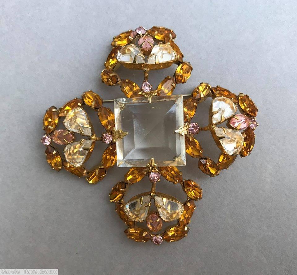 Schreiner cross pin with large domed branch of navette teardrop large square faceted center 12 surrounding stone 8 navette 4 small chaton  large square faceted crystal peach amber jewelry