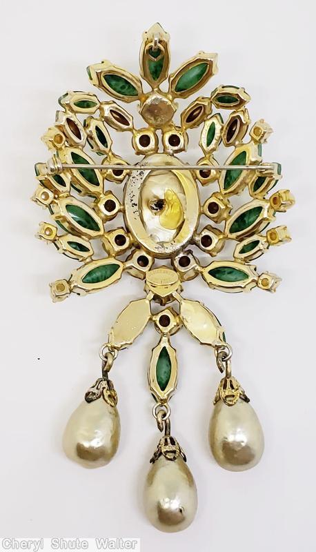 Schreiner dahlia pin large oval cab center top down 3 dangle metalic pearl crystal marbled peking glass goldtone jewelry