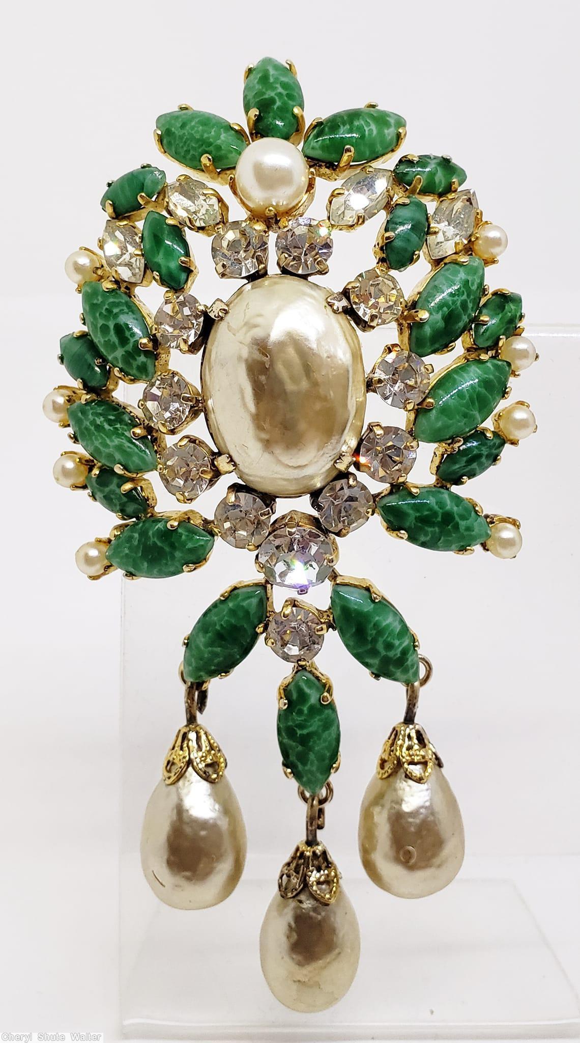 Schreiner dahlia pin large oval cab center top down 3 dangle metalic pearl crystal marbled peking glass goldtone jewelry