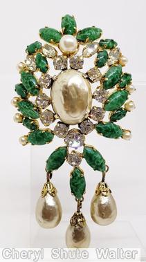 Schreiner dahlia pin large oval cab center top down 3 dangle metalic pearl crystal marbled peking glass goldtone jewelry