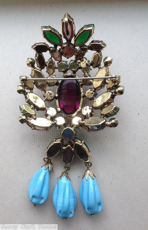 Schreiner dahlia pin large oval cab center top down 3 dangle molded glass bead aqua emerald lavender jewelry