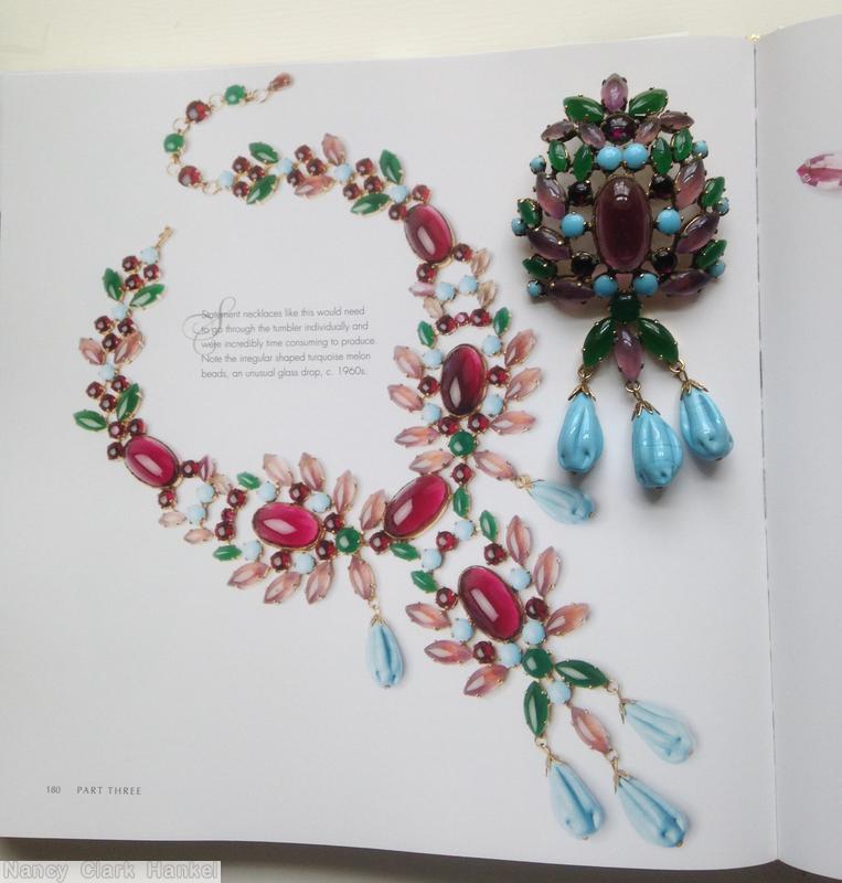 Schreiner dahlia pin large oval cab center top down 3 dangle molded glass bead aqua emerald lavender jewelry