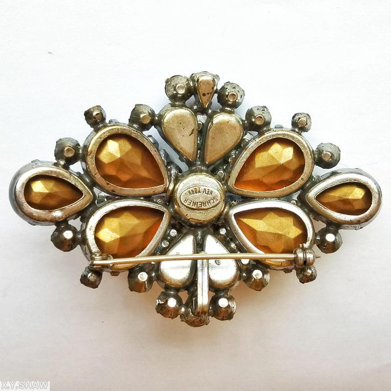 Schreiner diamond shaped radial pin 6 large teardrop 4 regular teardrop 8 short bar of small chaton ice blue purple green peridot goldtone jewelry