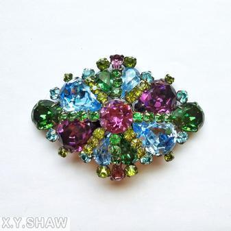 Schreiner diamond shaped radial pin 6 large teardrop 4 regular teardrop 8 short bar of small chaton ice blue purple green peridot goldtone jewelry