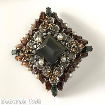 Schreiner diamond shaped radial pin large matte 4 sided center stone 4 surrounding pearl scrollwork jet matte large 4 sided center topaz navette smoky corner navette crystal jewelry