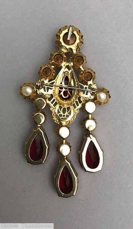 Schreiner diamond shaped top down 3 dangle pin large teardrop center filigree ruby faux pearl crystal goldtone jewelry