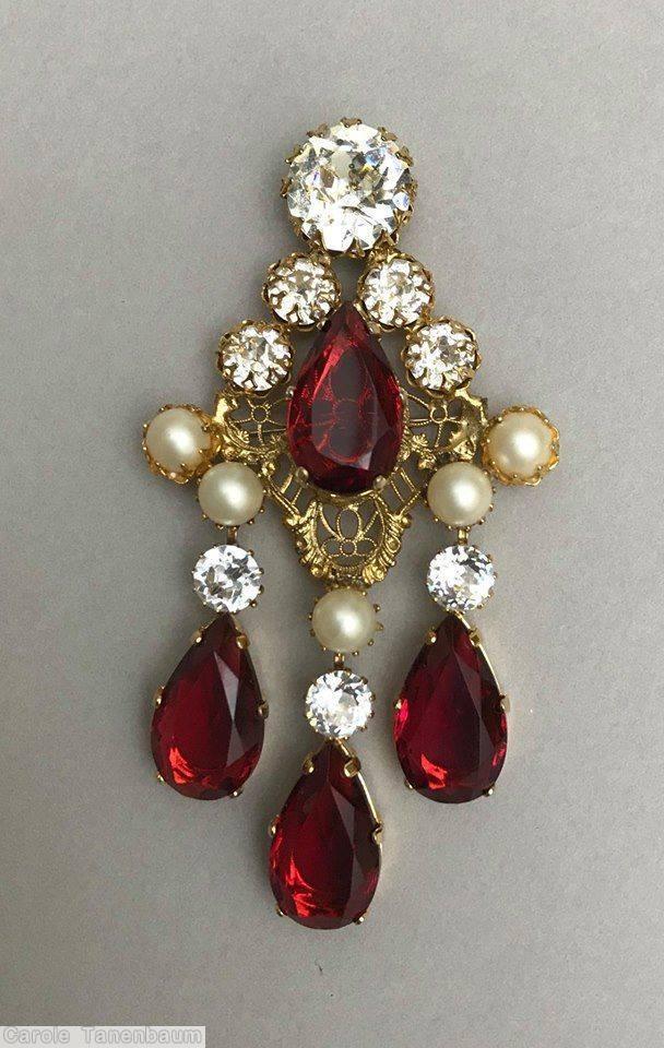 Schreiner diamond shaped top down 3 dangle pin large teardrop center filigree ruby faux pearl crystal goldtone jewelry