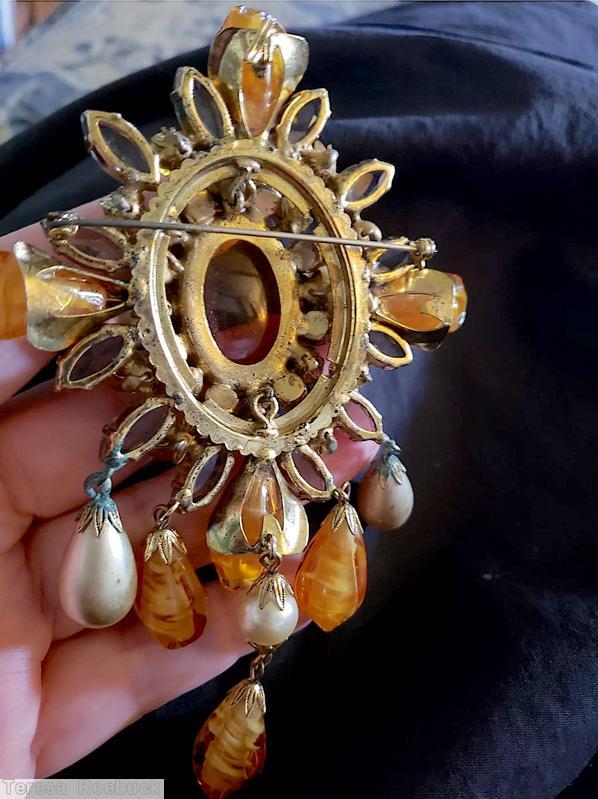 Schreiner diamond shaped top down 5 dangle pin large oval center 4 bead corner hook eye brown metalic faux pearl smokey clear marbled honey gold tone jewelry