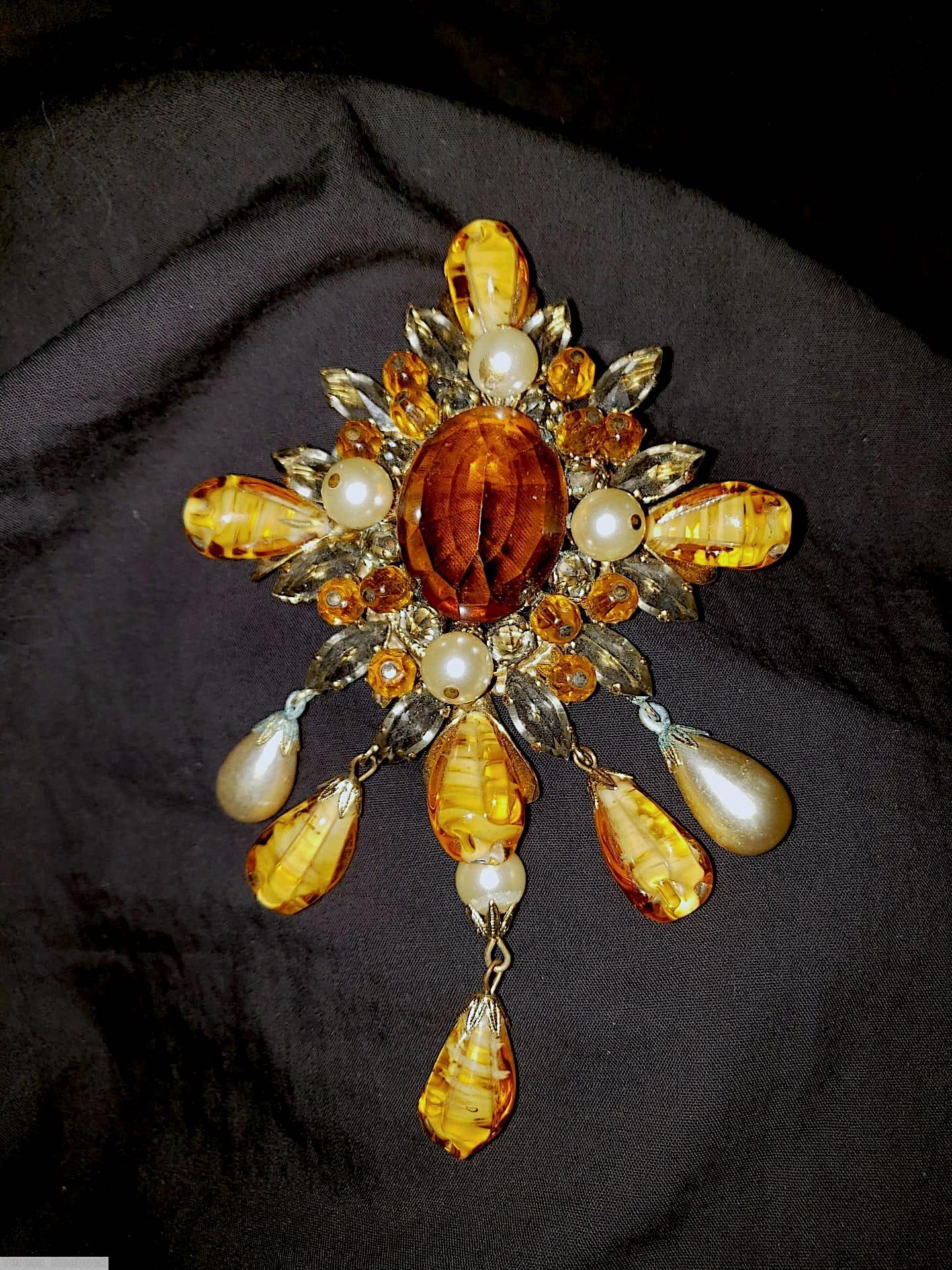 Schreiner diamond shaped top down 5 dangle pin large oval center 4 bead corner hook eye brown metalic faux pearl smokey clear marbled honey gold tone jewelry