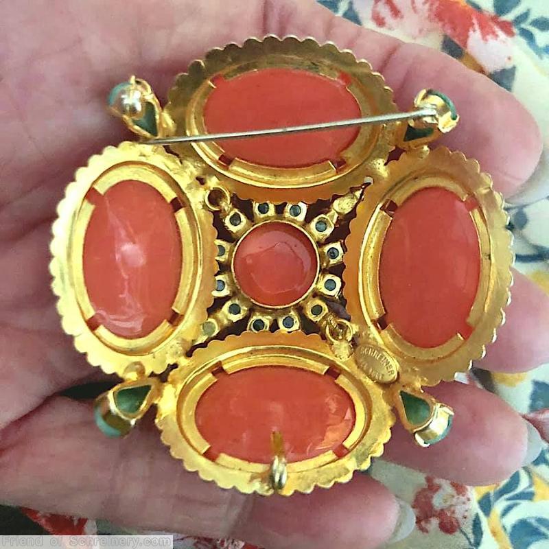 Schreiner domed 4 large oval cab sided 1 large chaton center pin 12 surrounding small chaton 4 small teardrop coral large oval cab marbled jade chaton goldtone jewelry