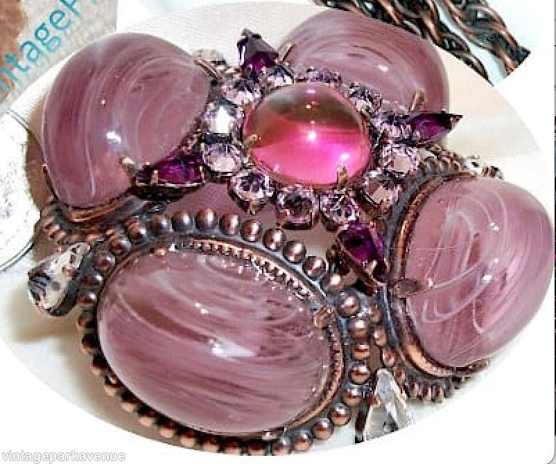 Schreiner domed 4 large oval cab sided 1 large chaton center pin 12 surrounding small chaton 4 small teardrop marbled lavender large oval cab ice pink inverted small stone fuschia large round cab center crystal teardrop copper back jewelry