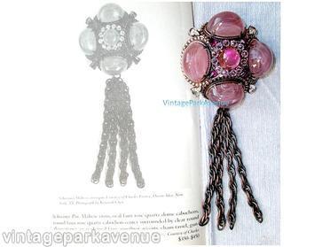 Schreiner domed 4 large oval cab sided 1 large chaton center pin 12 surrounding small chaton 4 small teardrop marbled lavender large oval cab ice pink inverted small stone fuschia large round cab center crystal teardrop copper back jewelry