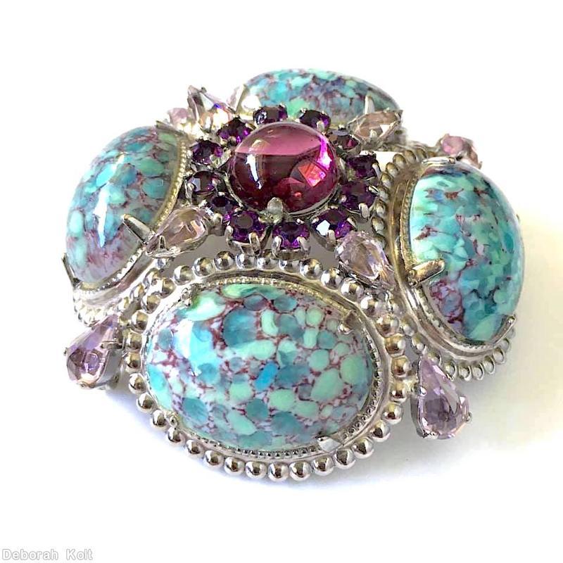 Schreiner domed 4 large oval cab sided 1 large chaton center pin 12 surrounding small chaton 4 small teardrop purple turquoise large oval cab amythst purple pale lavendar silvertone jewelry