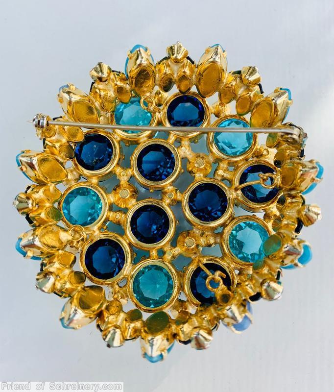 Schreiner domed flat top 13 large inverted stone pin small inverted small chaton aqua clear large inverted stone royal blue clear large inverted stone emerald small inverted opaque babyblue small chaton goldtone jewelry