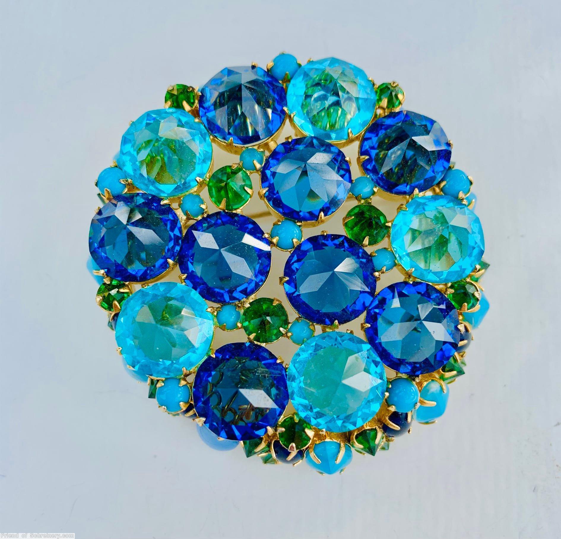 Schreiner domed flat top 13 large inverted stone pin small inverted small chaton aqua clear large inverted stone royal blue clear large inverted stone emerald small inverted opaque babyblue small chaton goldtone jewelry