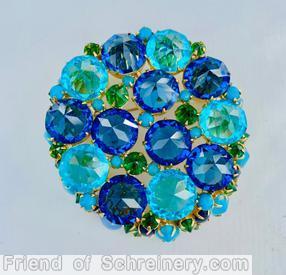 Schreiner domed flat top 13 large inverted stone pin small inverted small chaton aqua clear large inverted stone royal blue clear large inverted stone emerald small inverted opaque babyblue small chaton goldtone jewelry