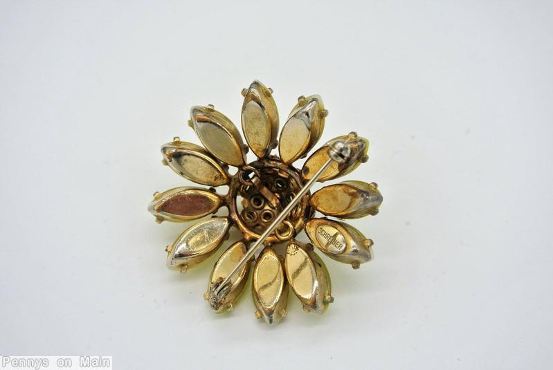 Schreiner domed no stem small flower pin 12 petal striped lime amber jewelry