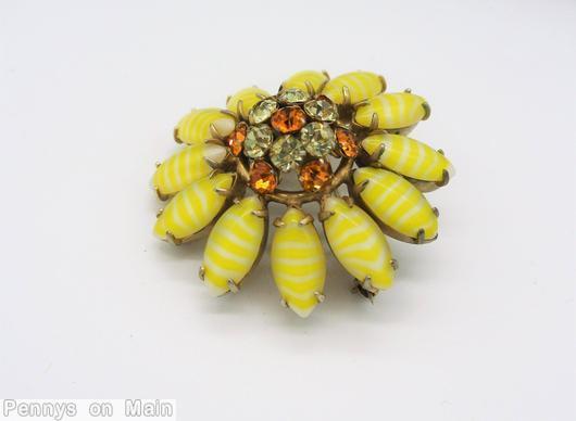 Schreiner domed no stem small flower pin 12 petal striped lime amber jewelry