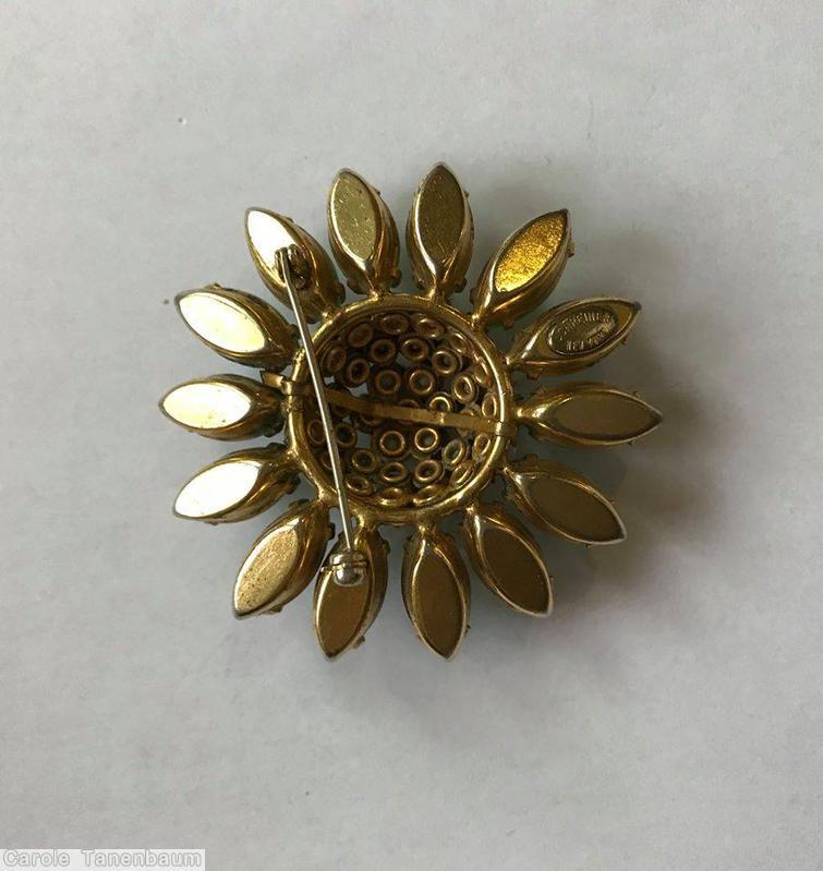 Schreiner domed no stem small flower pin 14 navette petal clustered ball center marbled peridot seeds crystal jewelry