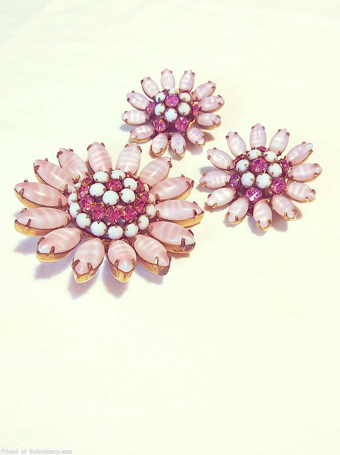 Schreiner domed no stem small flower pin 14 navette petal clustered ball center marbled pink navette white fuchsia jewelry