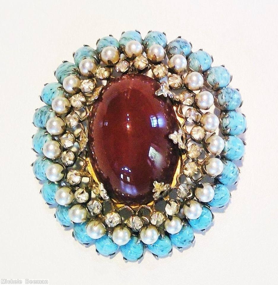 Schreiner domed oval pin 3 rounds large oval cab center aqua faux pearl carnelian jewelry