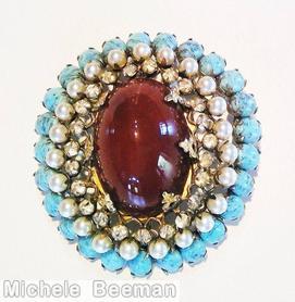 Schreiner domed oval pin 3 rounds large oval cab center aqua faux pearl carnelian jewelry