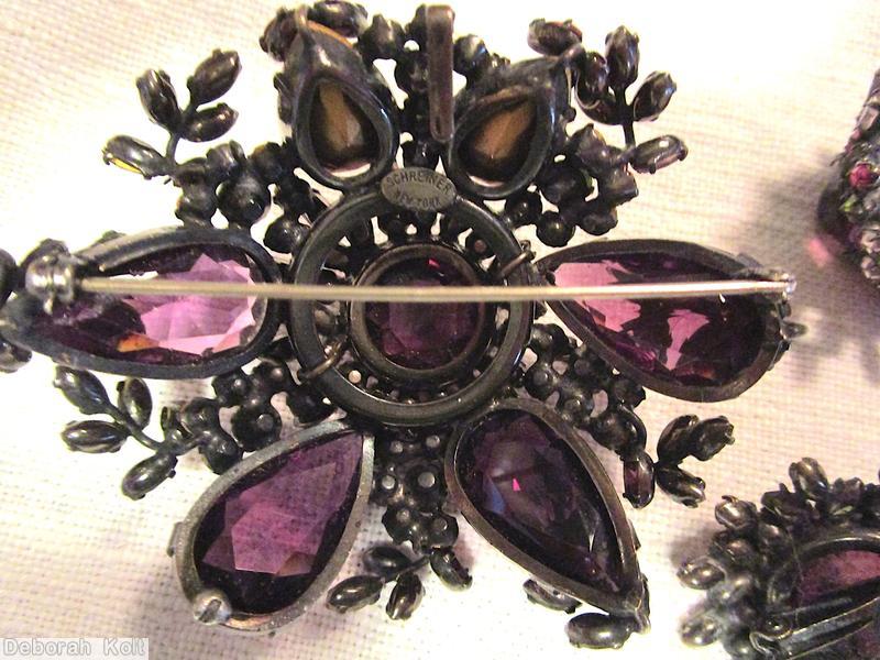 Schreiner domed radial 6 teardrop 6 floral branch pin large chaton center purple large teardrop purple large faceted chaton crystal fuchsia perdiot jewelry