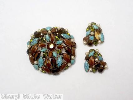 Schreiner domed radial flat top round pin chaton center 12 surrounding small navette gold fluss brown turquoise peridot faux pearl seeds jewelry