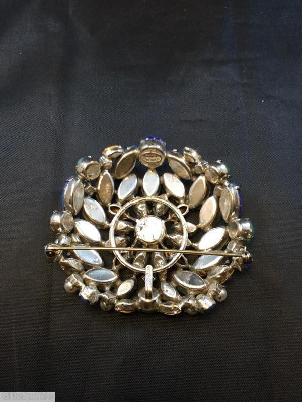 Schreiner domed radial flat top round pin chaton center 12 surrounding small navette lapis gold fluss pale blue moonglow green crystal faux pearl seeds jewelry