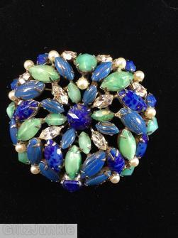 Schreiner domed radial flat top round pin chaton center 12 surrounding small navette lapis gold fluss pale blue moonglow green crystal faux pearl seeds jewelry