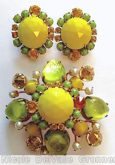 Schreiner domed radial pin large round rose cut art glass center 14 surrounding stone 4 large teardrop 8 small branch hook eye green lime large round rose cut stone celery clear champgne goldtone jewelry