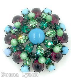 Schreiner domed radial round pin 3 rounds 8 surrounding stone chaton center large circle wire frame moonglow aqua emerald apple green plum jewelry