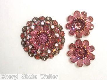 Schreiner domed radial round pin 3 rounds chaton center 9 surrounding oval cab pink smoke ab jewelry