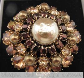 Schreiner domed radial round pin 3 rounds large chaton center large circle wire frame faux pearl metalic brown bicolor brown clear jewelry