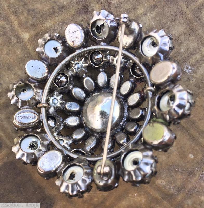 Schreiner domed radial round pin 3 rounds large chaton center large circle wire frame metalic silver jewelry