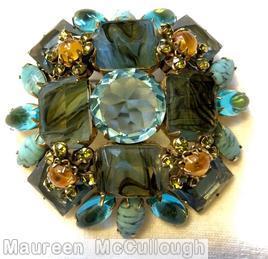 Schreiner domed radial square pin 4 large square corner stone 4 large emerald cut side large chaton center marbled smoke clear aqua turquoise peridot amber jewelry