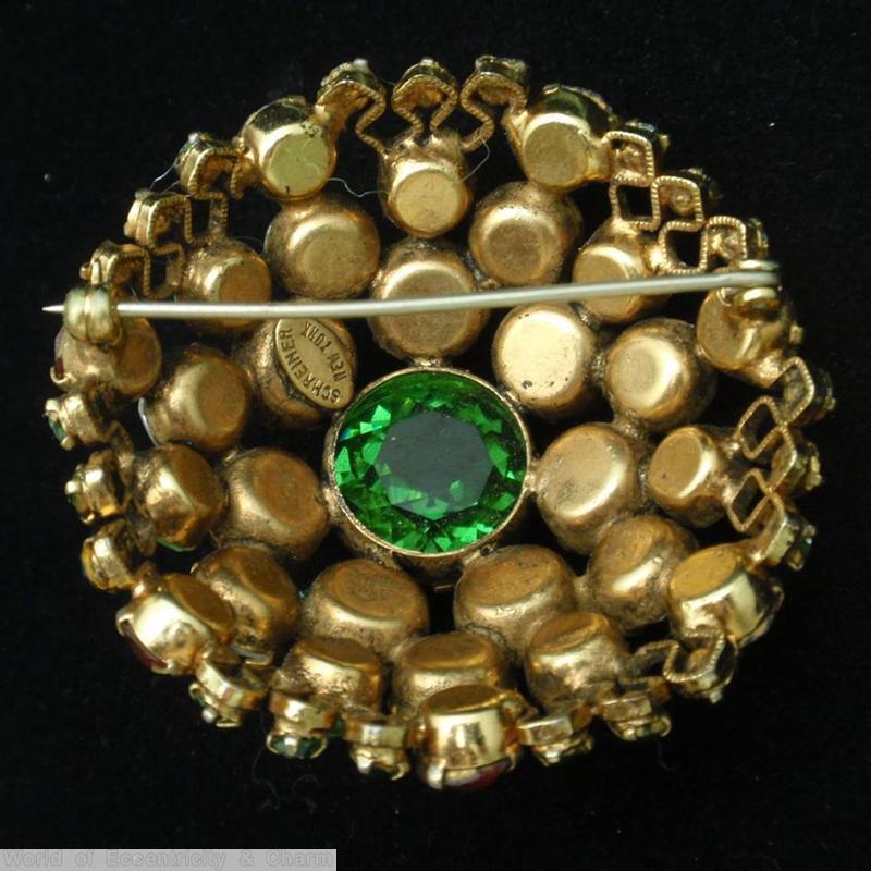 Schreiner domed round pin 3 rounds large chaton center bicolor ruby green emerald crystal green pink jewelry