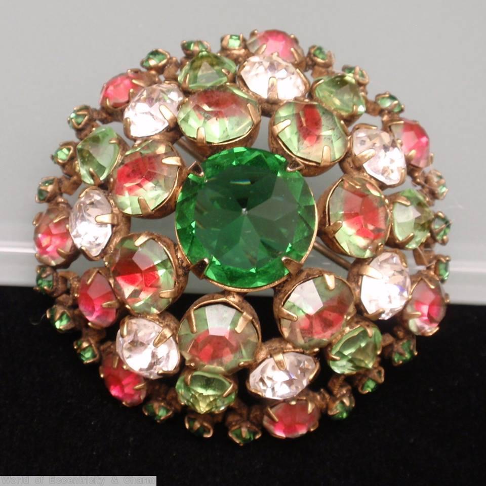 Schreiner domed round pin 3 rounds large chaton center bicolor ruby green emerald crystal green pink jewelry
