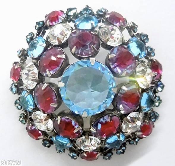 Schreiner domed round pin 3 rounds large chaton center ice blue crystal bicolor ruby purple jewelry