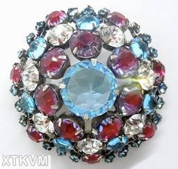 Schreiner domed round pin 3 rounds large chaton center ice blue crystal bicolor ruby purple jewelry