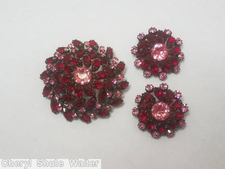Schreiner domed round pin 3 rounds swirl chaton center ruby pink japanned jewelry
