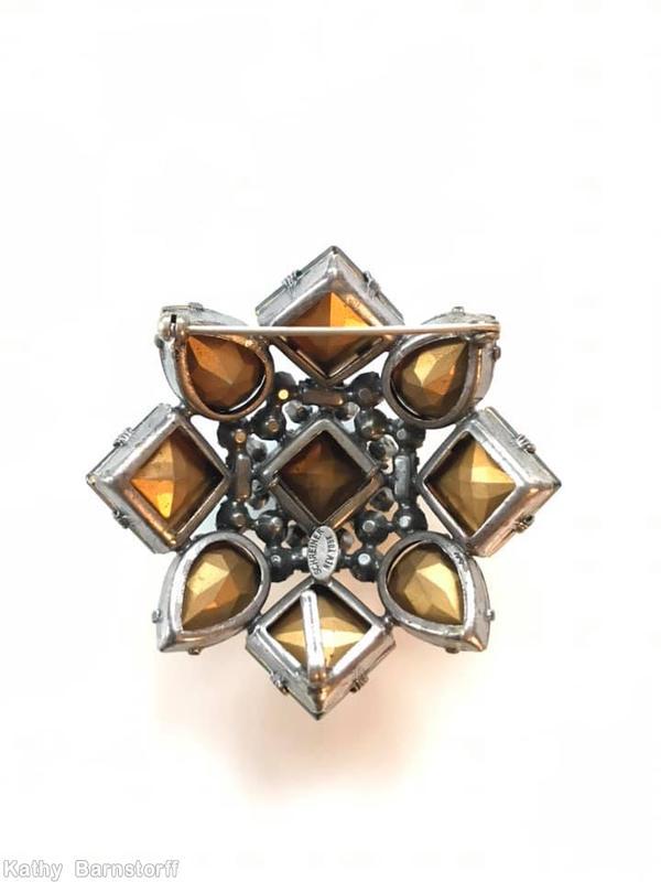 Schreiner domed square pin large faceted square center stone 4 large square faceted corner stone 4 large teardrop emerald apple green silvertone jewelry