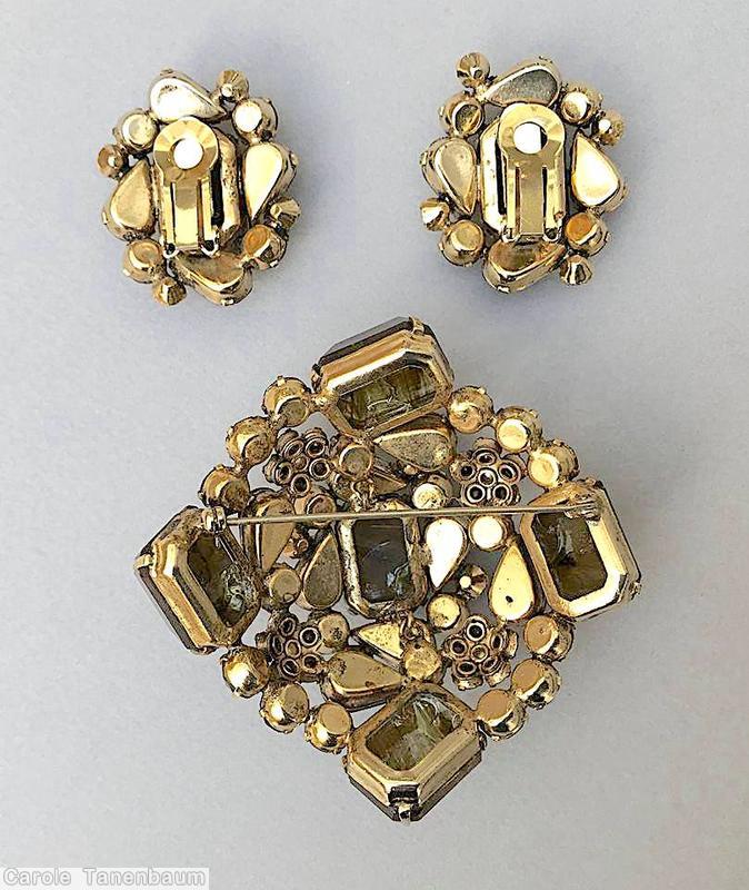 Schreiner domed square shaped pin with 5 large marbled emerald cut stone 4 surrounding teardrop 4 surrounding small chaton faux pearl marbled brown smoke metalic brown jewelry